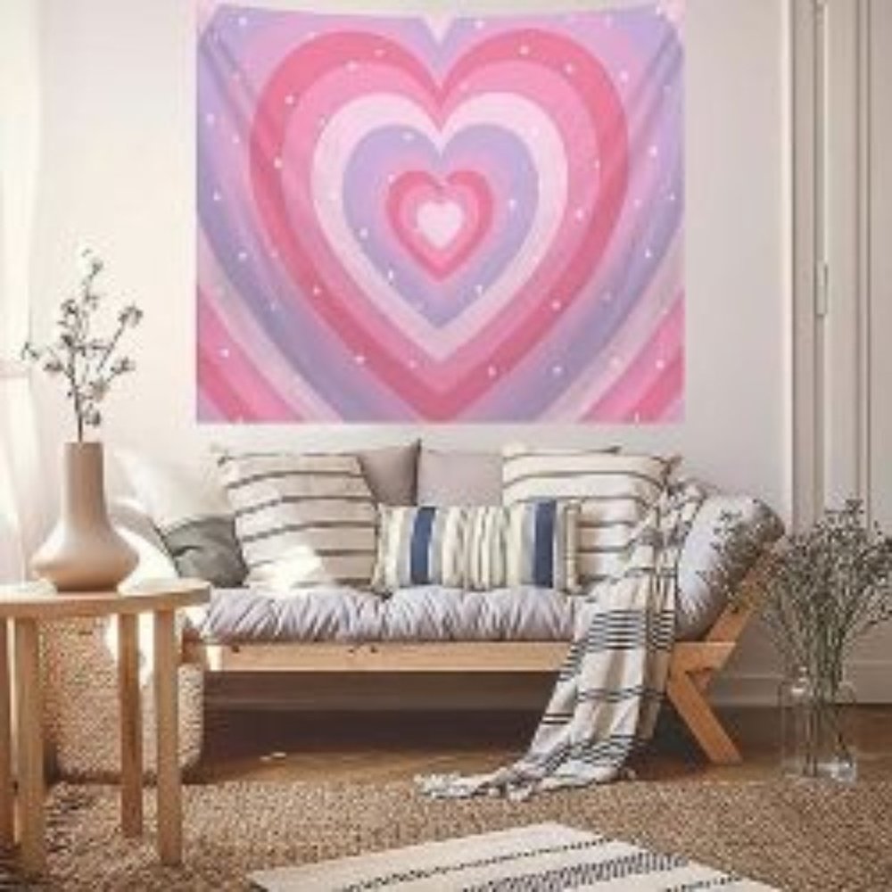 Pink Heart & Stars Tapestry • Cute Dorm Wall Art • 59x51 Large Hanging Decor •
